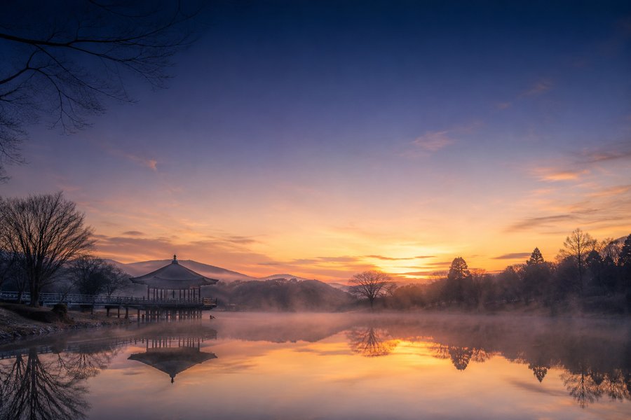 Ukimido pavilion reflected in Sarusawa Pond at sunrise, Nara