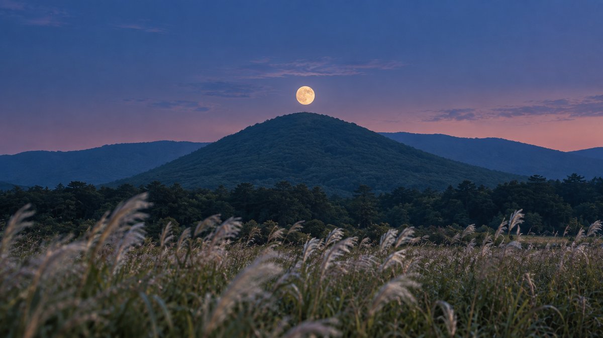 A round moon hangs above a cone-shaped, forested hill in a deep blue dusk sky, with silver grass plumes in the foreground.