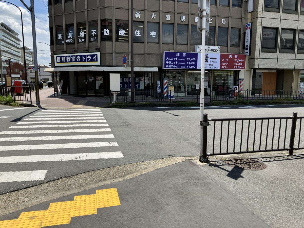An intersection with a pedestrian crossing outside Shin-Omiya Station