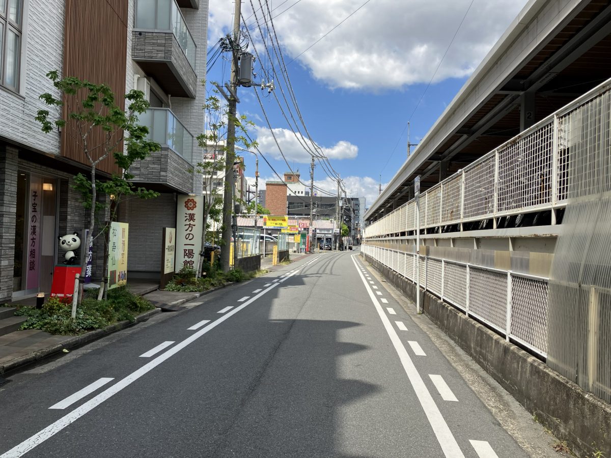 A straight road running parallel to the Kintetsu Nara Line, heading west